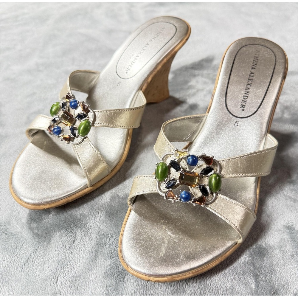 Athena Alexander Shoes Womens Size 6 Gold Wedge Sandals‎ Jeweled Slip On Cork